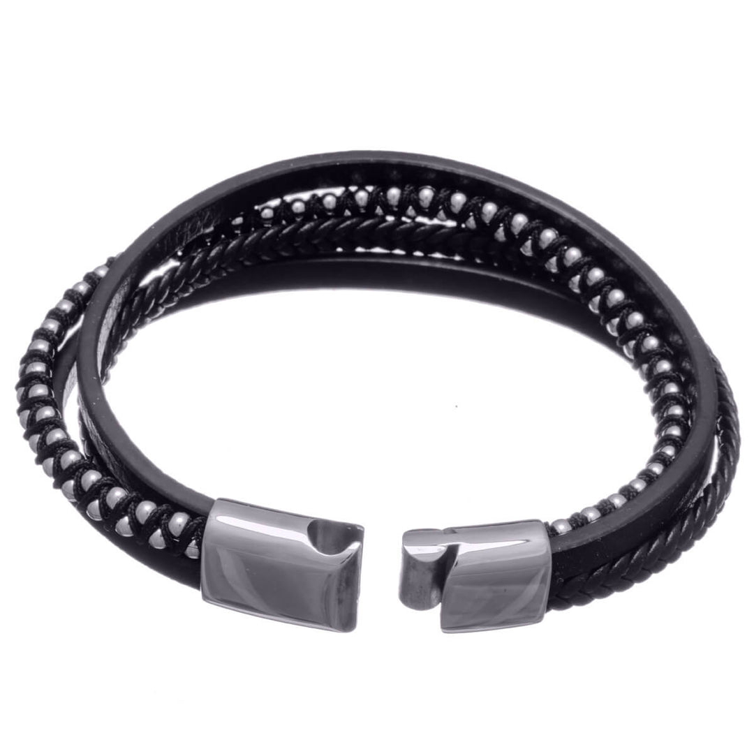 Multi row leather bracelet with steel beads (Steel 316L)