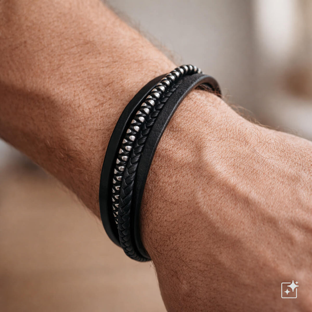 Multi row leather bracelet with steel beads (Steel 316L)