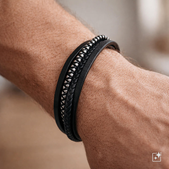 Multi row leather bracelet with steel beads (Steel 316L)