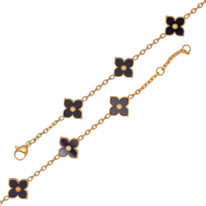 Delicate four-leaf clover bracelet with black finish (PVD-coated steel)