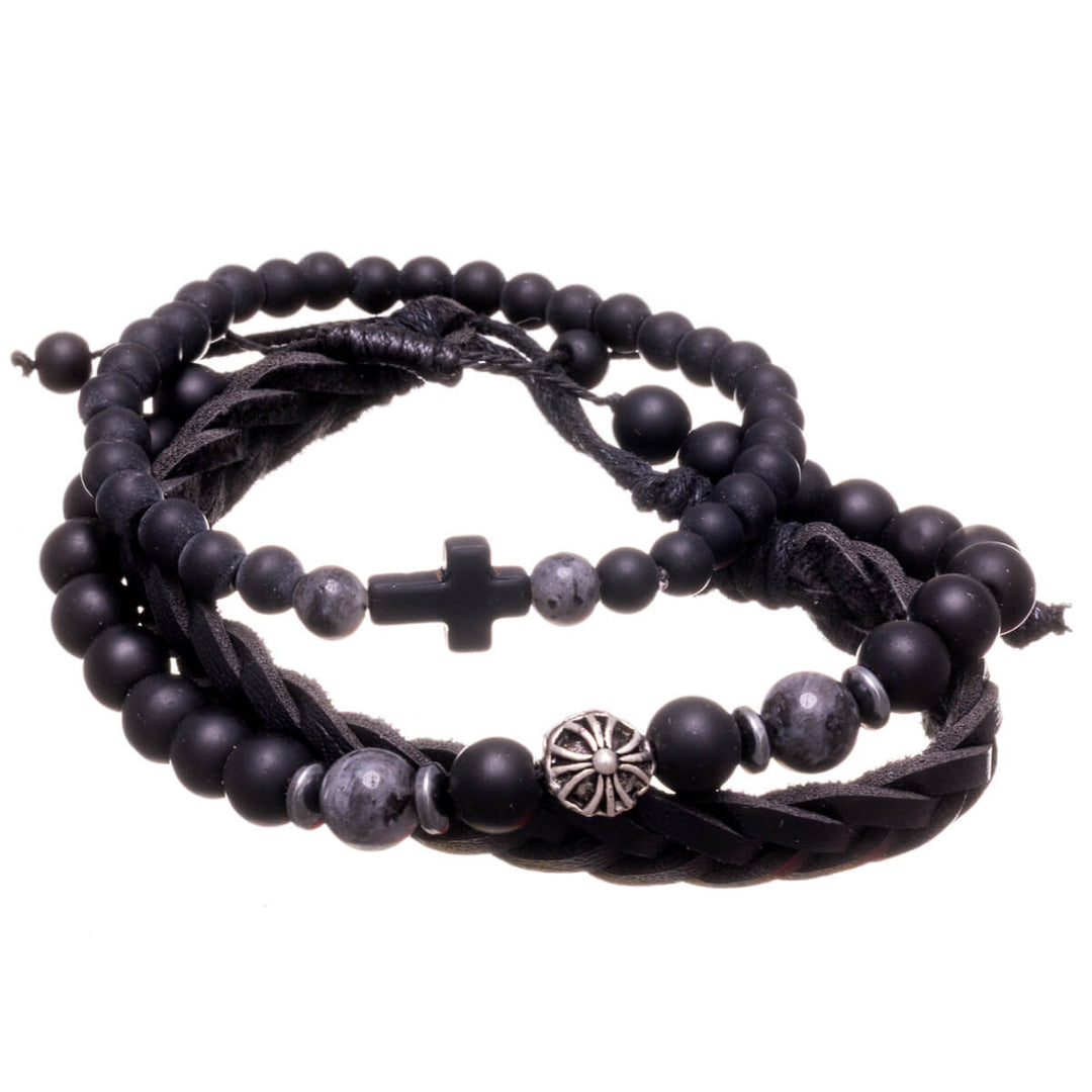 Men's bracelet set, 3 pieces – Black leather & pearl bracelets