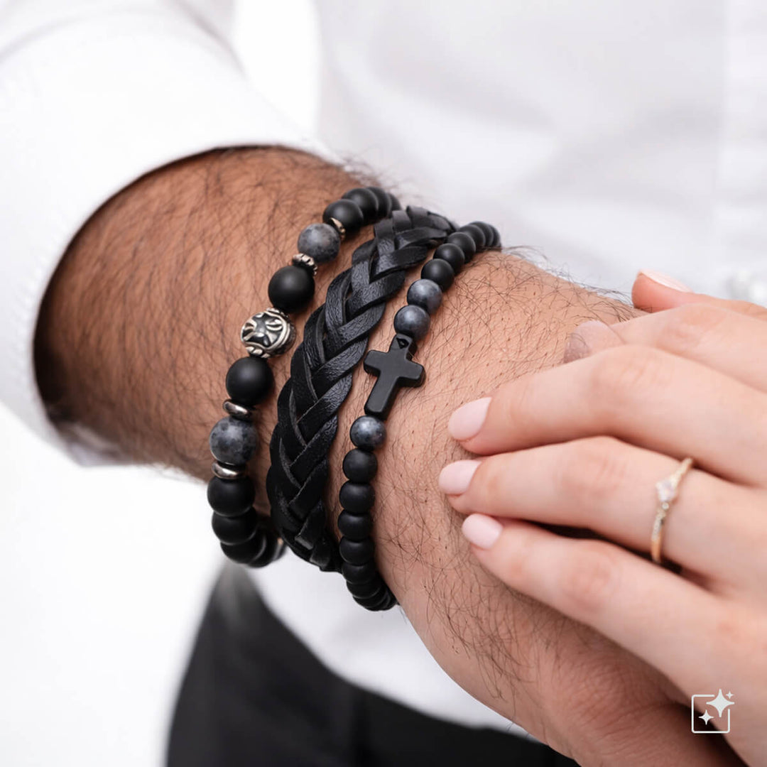 Men's bracelet set, 3 pieces – Black leather & pearl bracelets