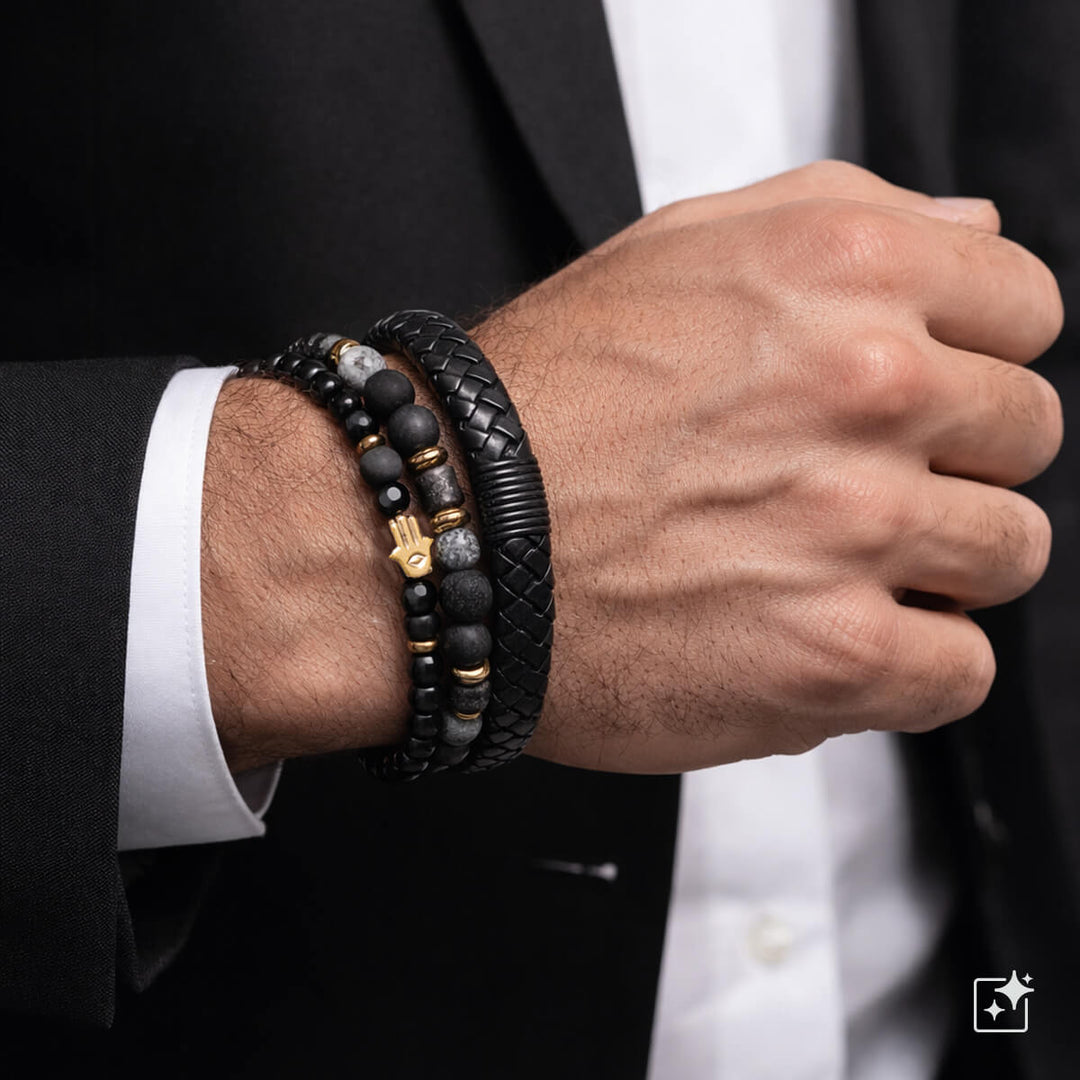Men's bracelet set, 3 pieces – Black & gold