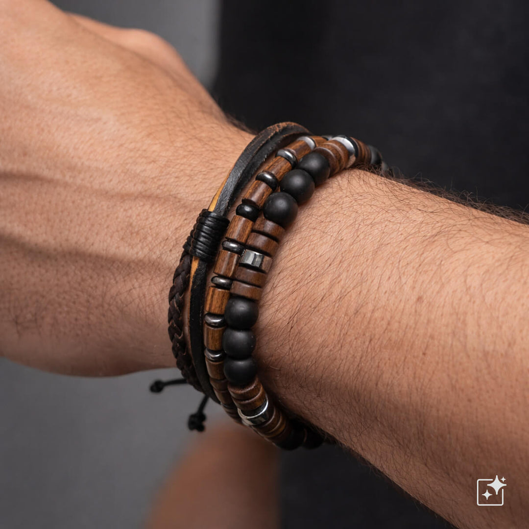 Men's wristband set – Brown & Black (3 pcs)
