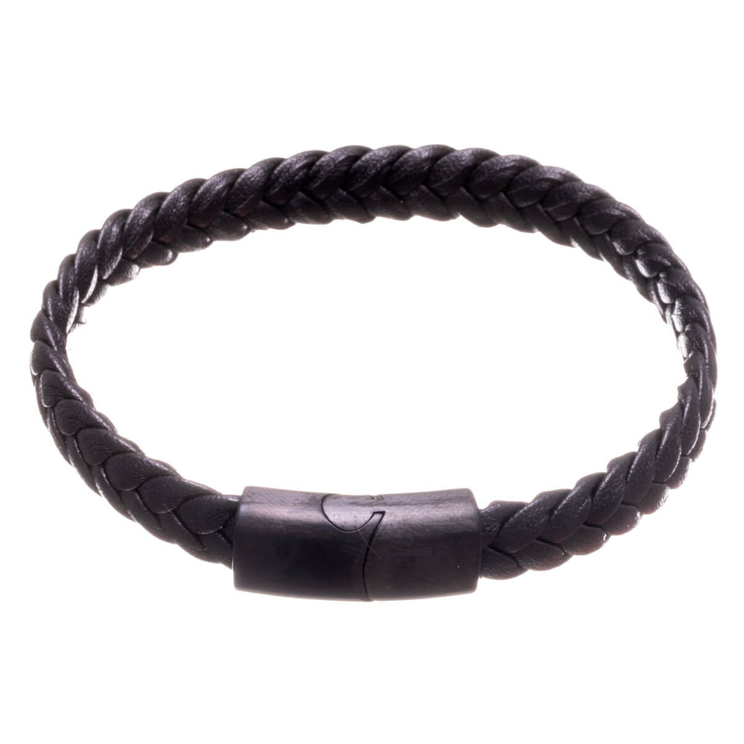 Braided men's leather bracelet – Magnetic clasp (Black)