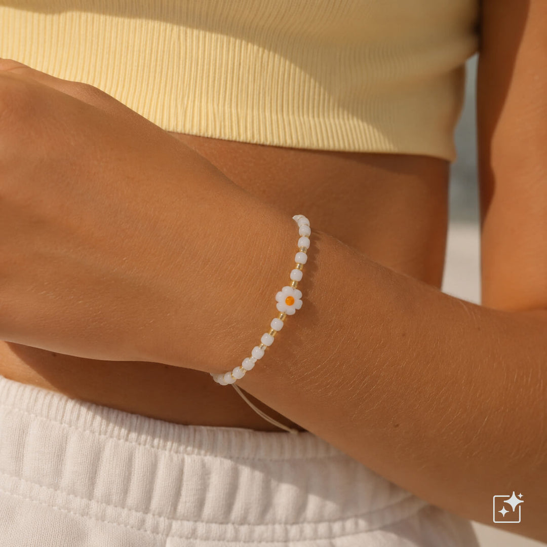 Adjustable flower bead bracelet – white cord bracelet