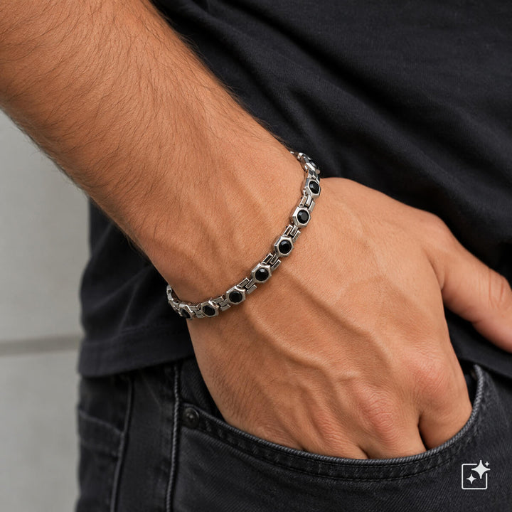 Men's steel bracelet with round black glass stones (316L steel)