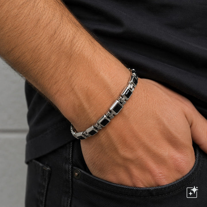 Men's steel bracelet with square black glass stones (316L steel)