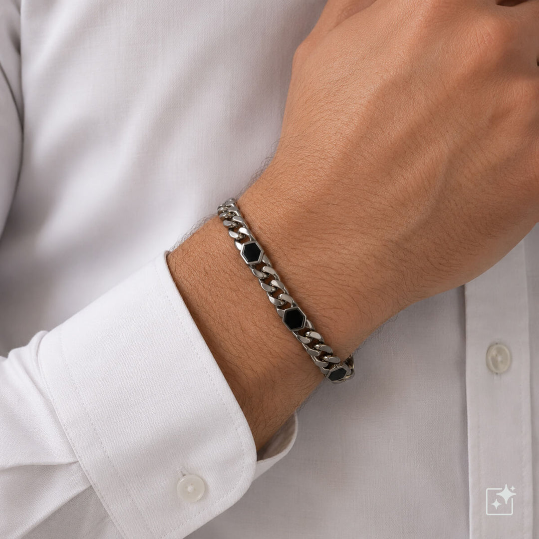 Tank chain bracelet with black accents (316L stainless steel)