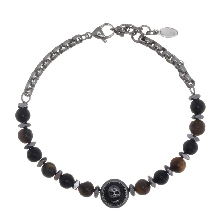 Stone bead bracelet with skull and cross symbols (316L stainless steel)
