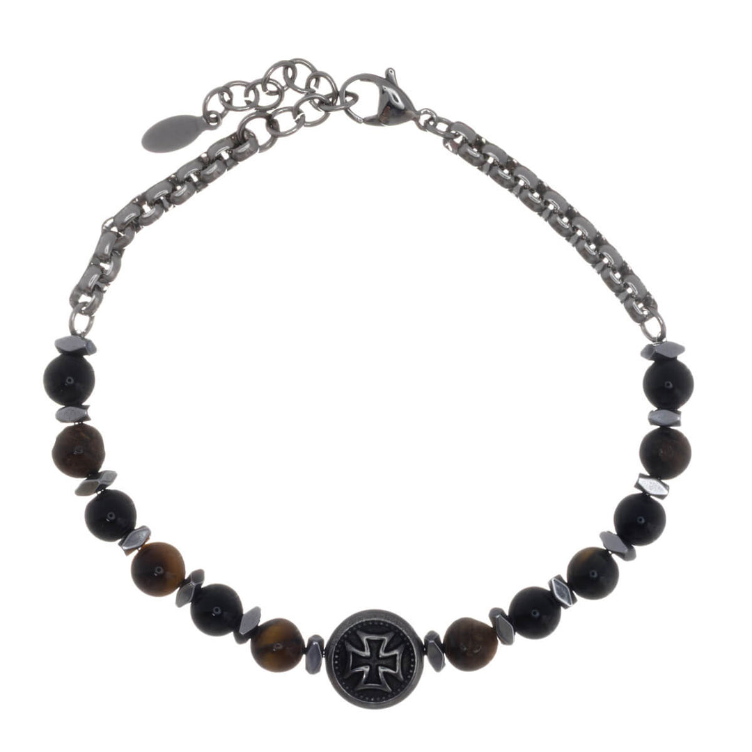 Stone bead bracelet with skull and cross symbols (316L stainless steel)