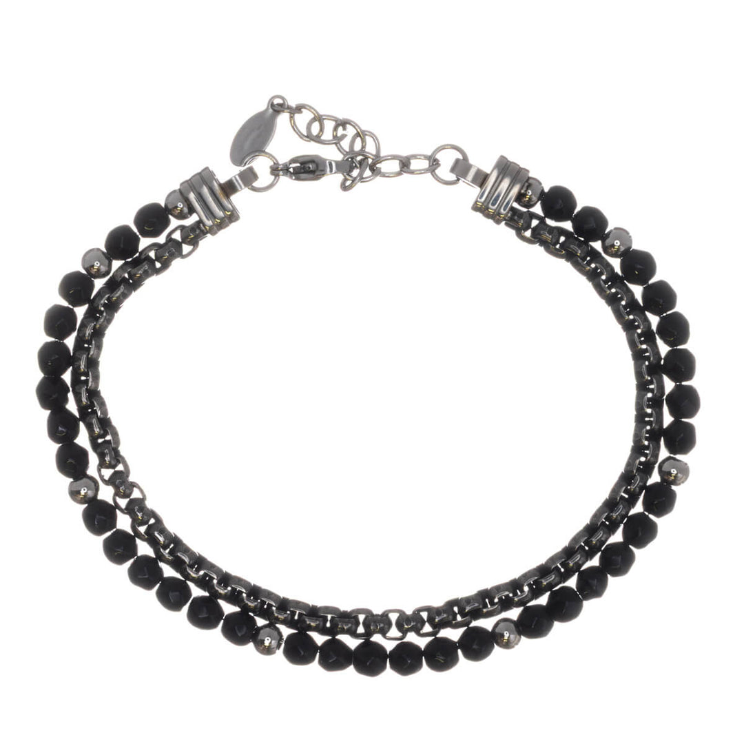 Men's double-row steel bracelet with round black stones (316L steel)