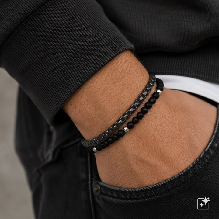 Men's double-row steel bracelet with round black stones (316L steel)