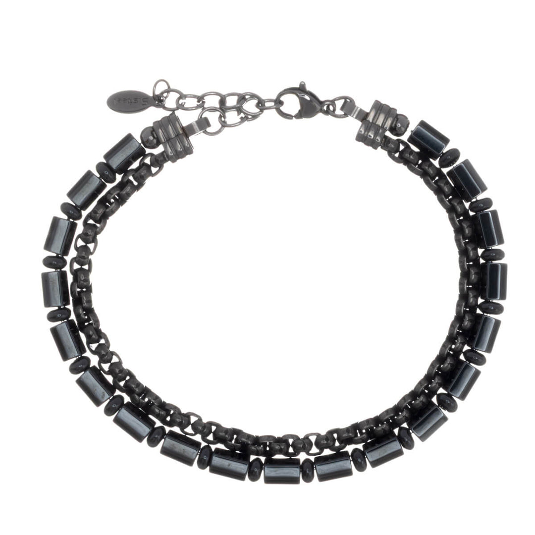 Men's double-row steel bracelet with oblong gray stones (316L steel)
