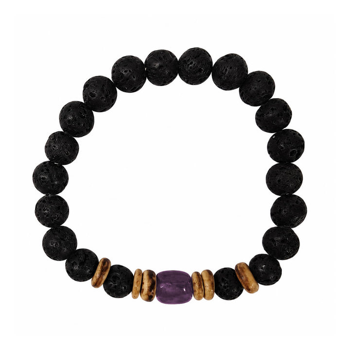 Lava stone bracelet with a colored stone bead, 9 mm