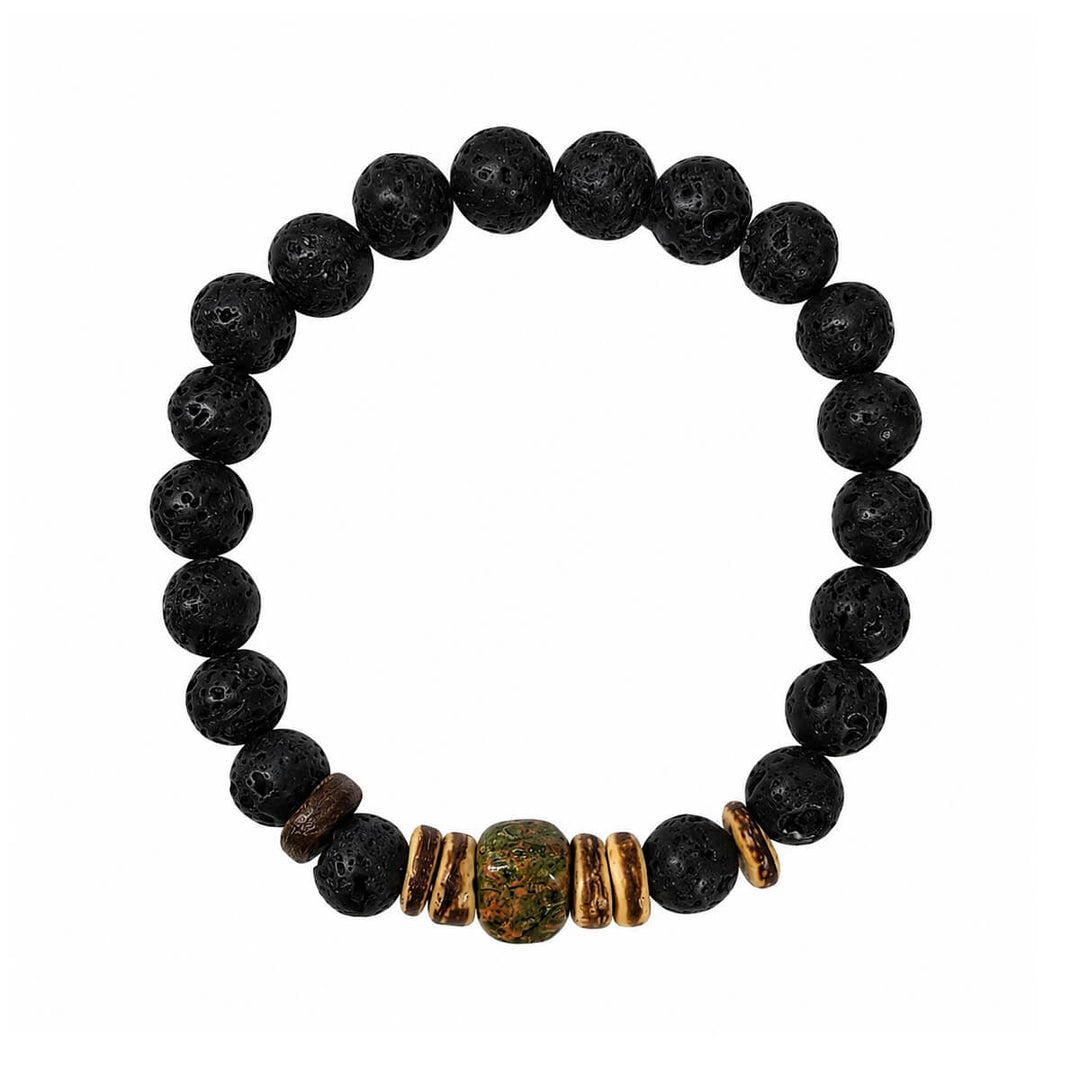 Lava stone bracelet with a colored stone bead, 9 mm