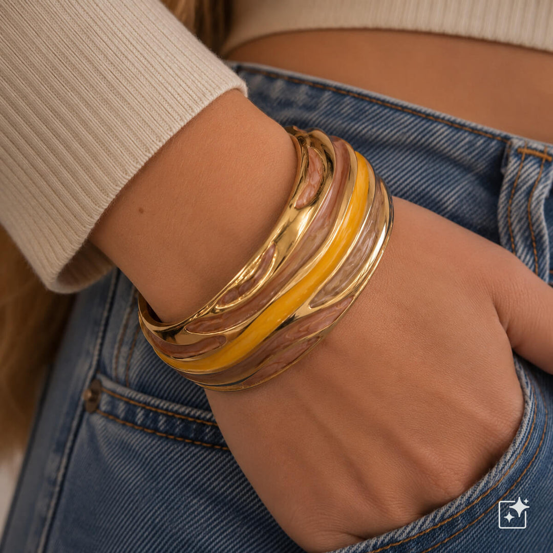 Wide, adjustable bracelet with a colorful pattern