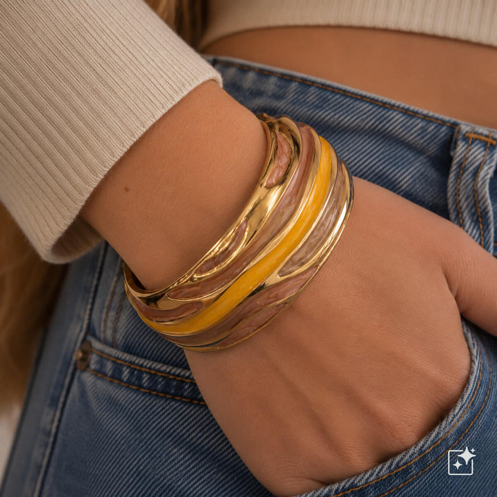 Wide, adjustable bracelet with a colorful pattern