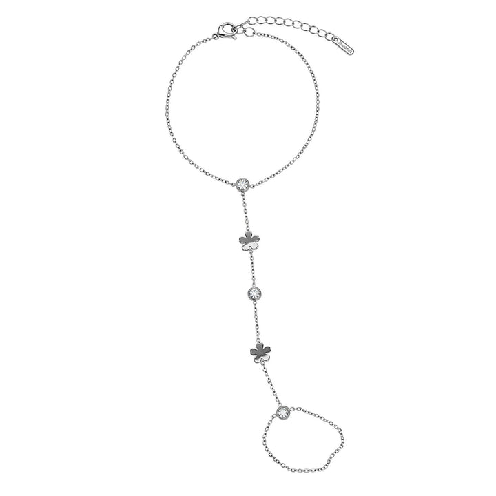 Bracelet with a ring featuring cubic zirconia and floral decorations – 316L surgical steel
