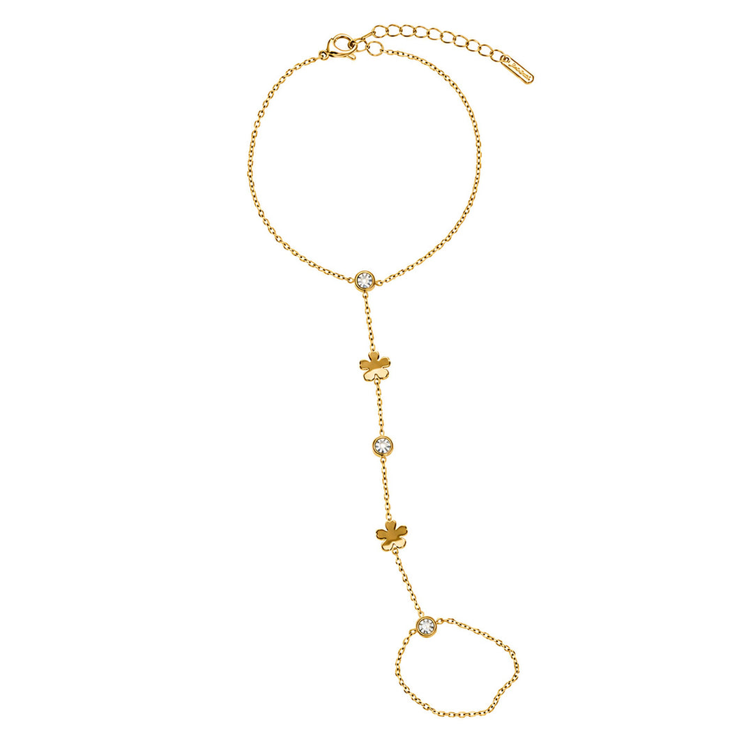 Bracelet with a ring featuring cubic zirconia and floral decorations – 316L surgical steel