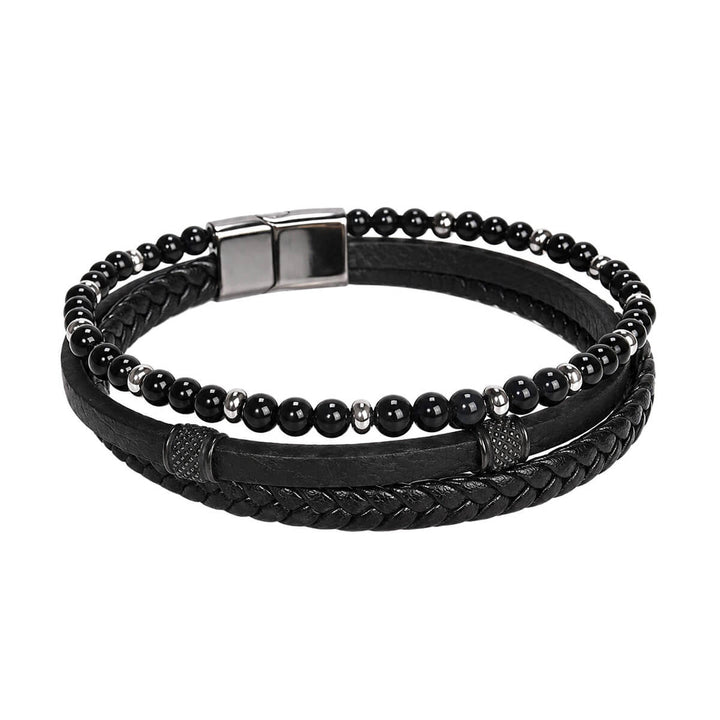 Three-row leather bracelet with stone beads (316L stainless steel)