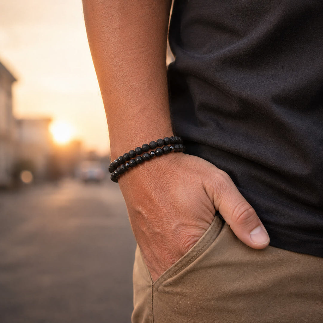 Black Lava Stone Bracelet Set (2-Piece)