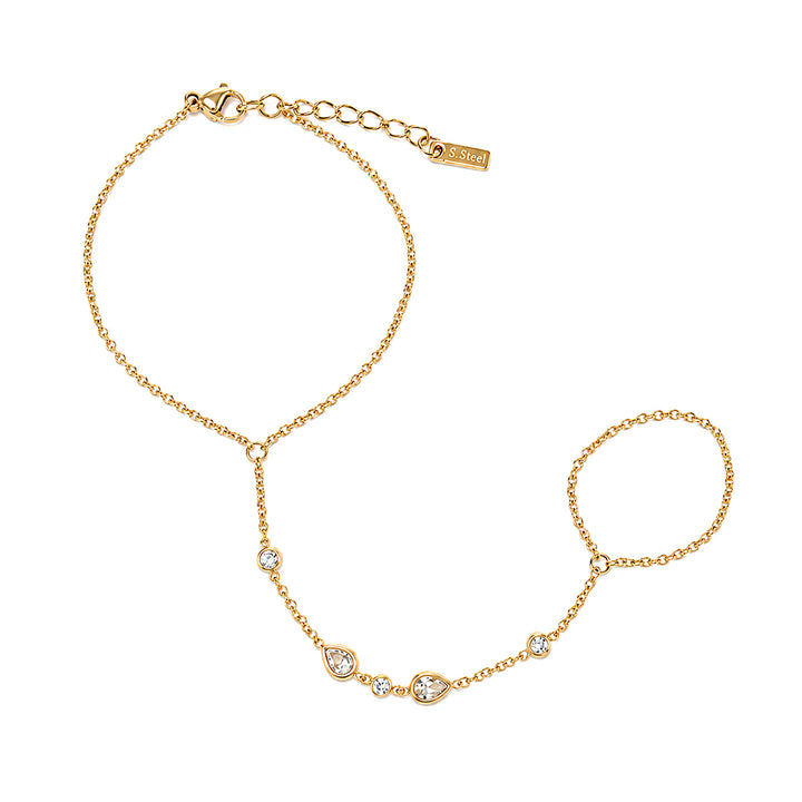 Bracelet with a ring featuring teardrop-shaped cubic zirconias – 316L surgical steel