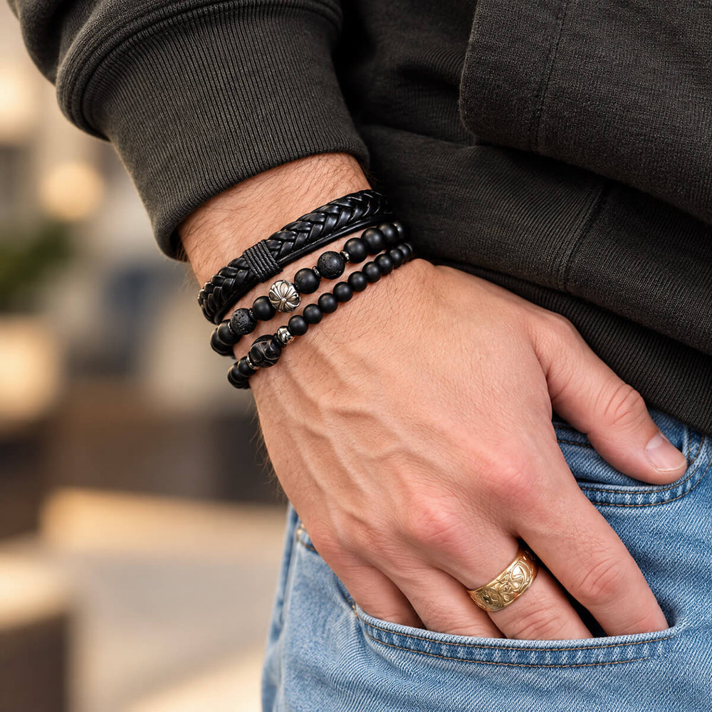 Black Skull bracelet set on a man's wrist