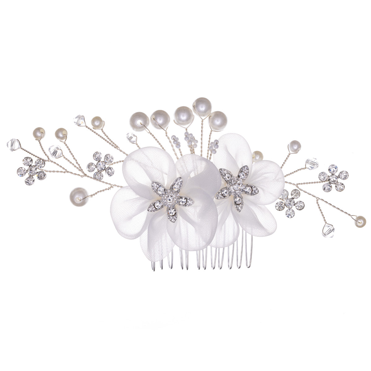 Pearl hairband side comb with fabric flowers and glass stones