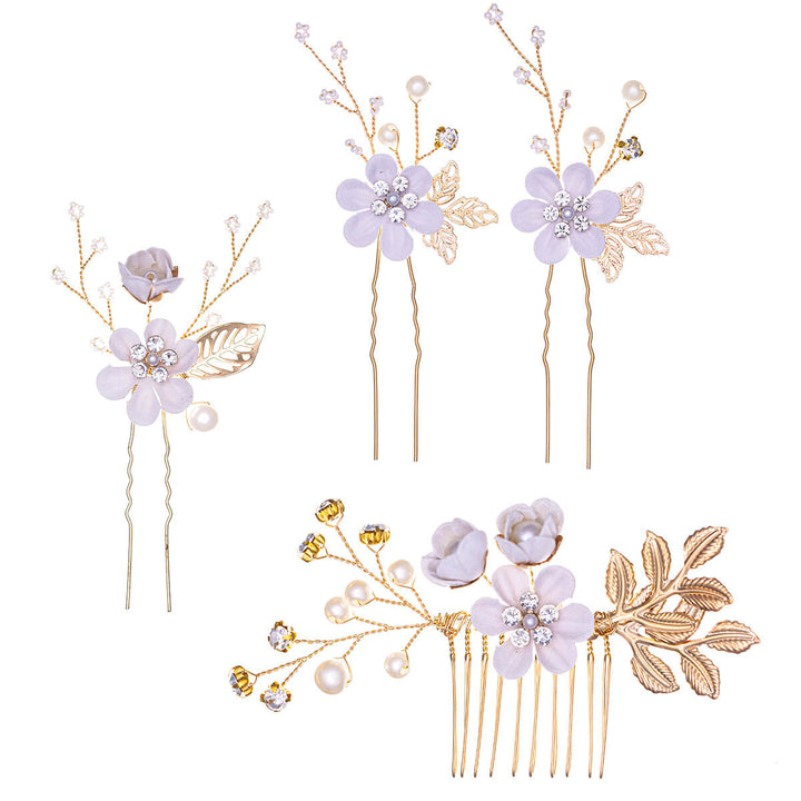 Flower hair accessory decorated with pearls, 3 pcs invisible + 1 pc comb set
