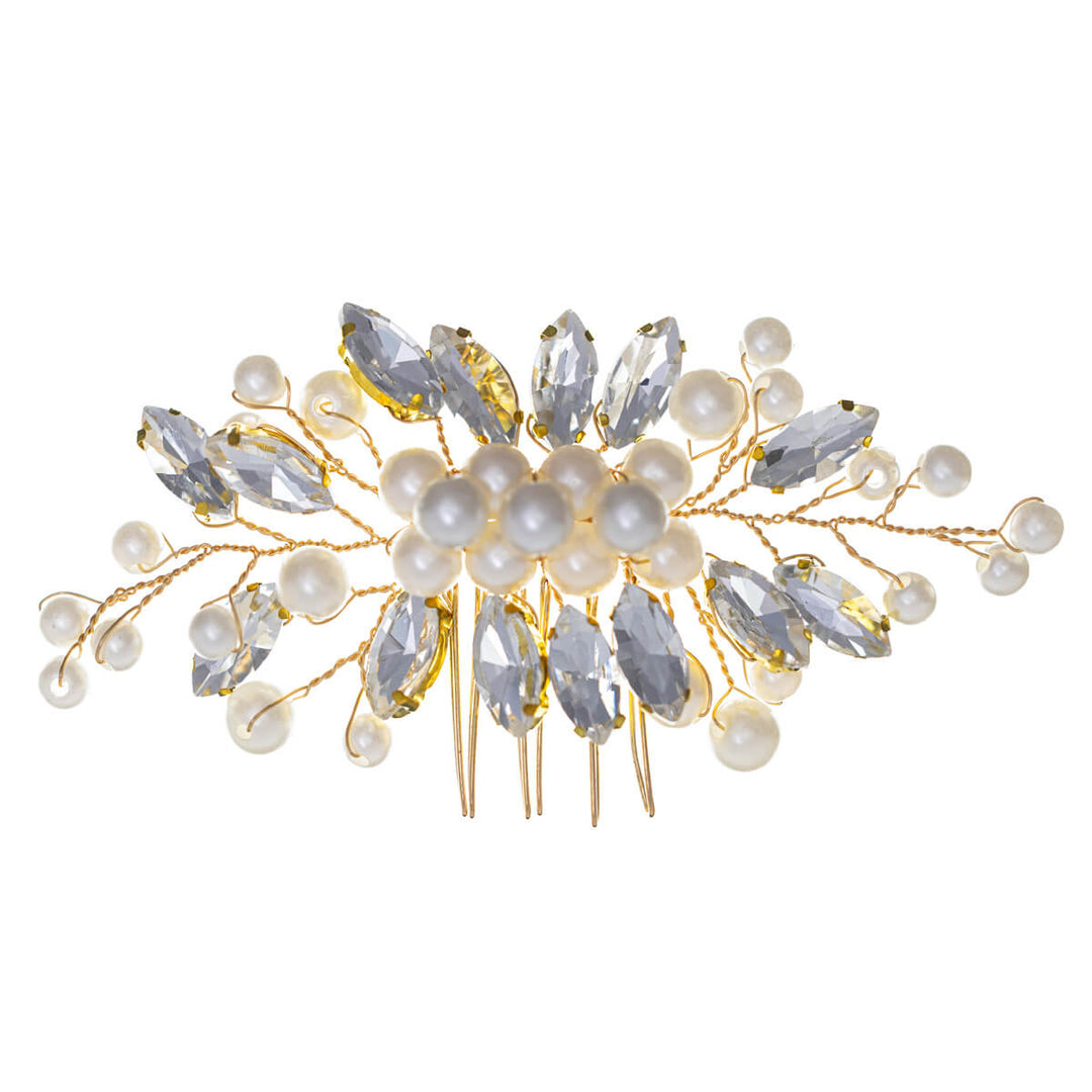 Comb-shaped pearl hair accessory with glass stones