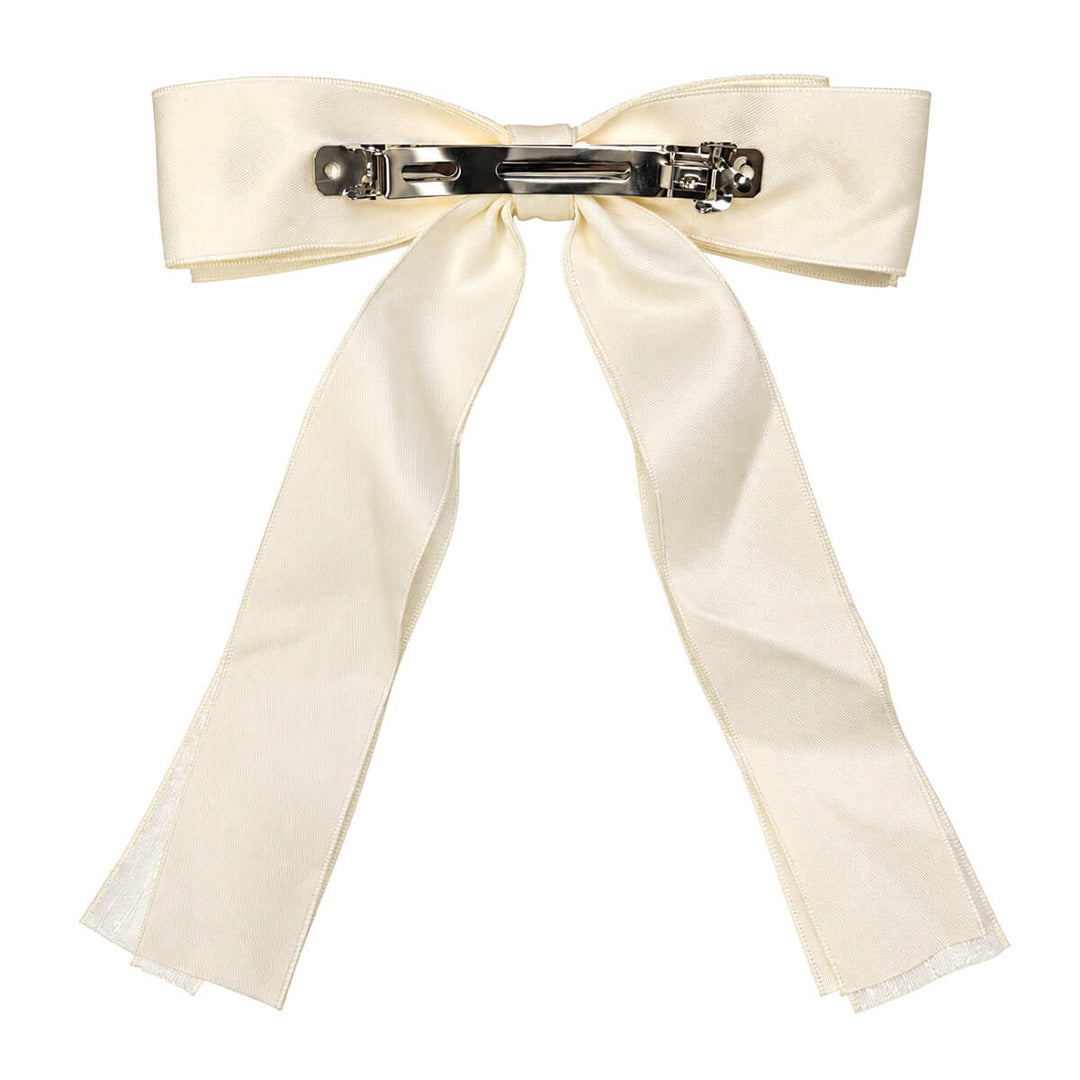 Long, two-layer fabric hair bow with a clasp