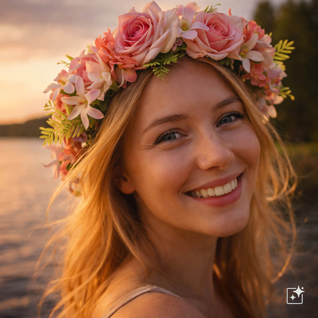A light pink floral wreath with roses