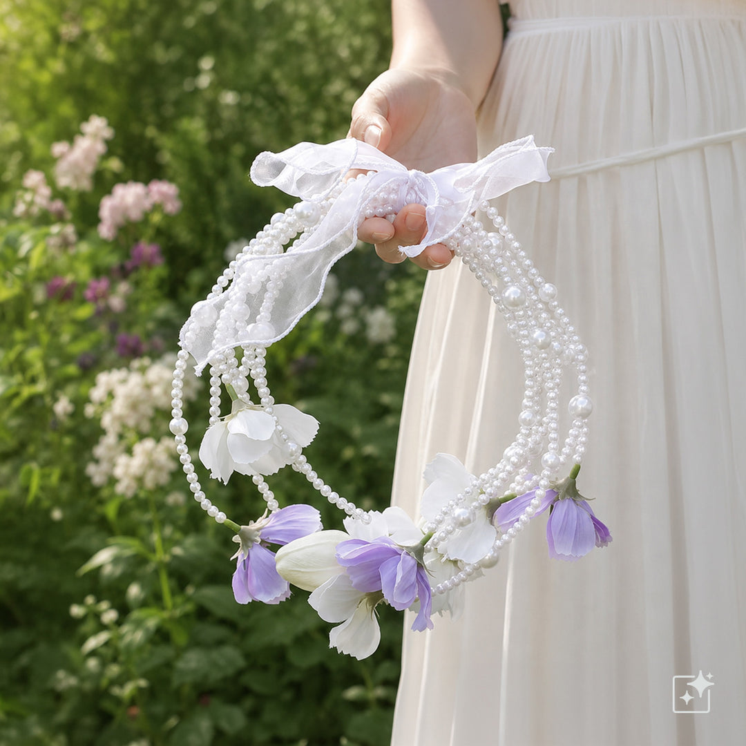 Helmikaari bridal bouquet – white and purple artificial flowers