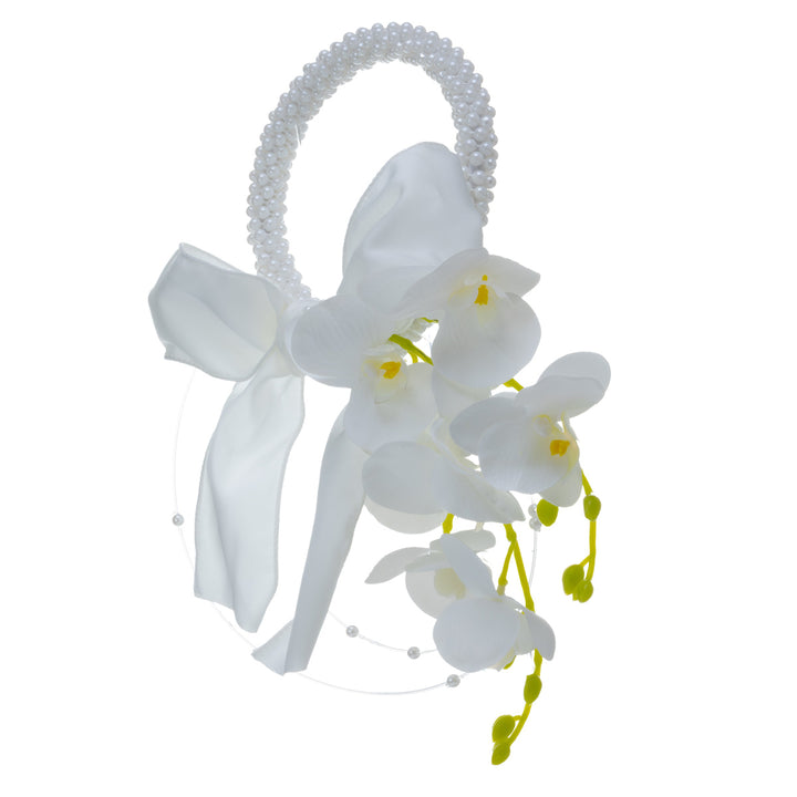 A pearl-colored bridal bouquet with orchids – white artificial flowers