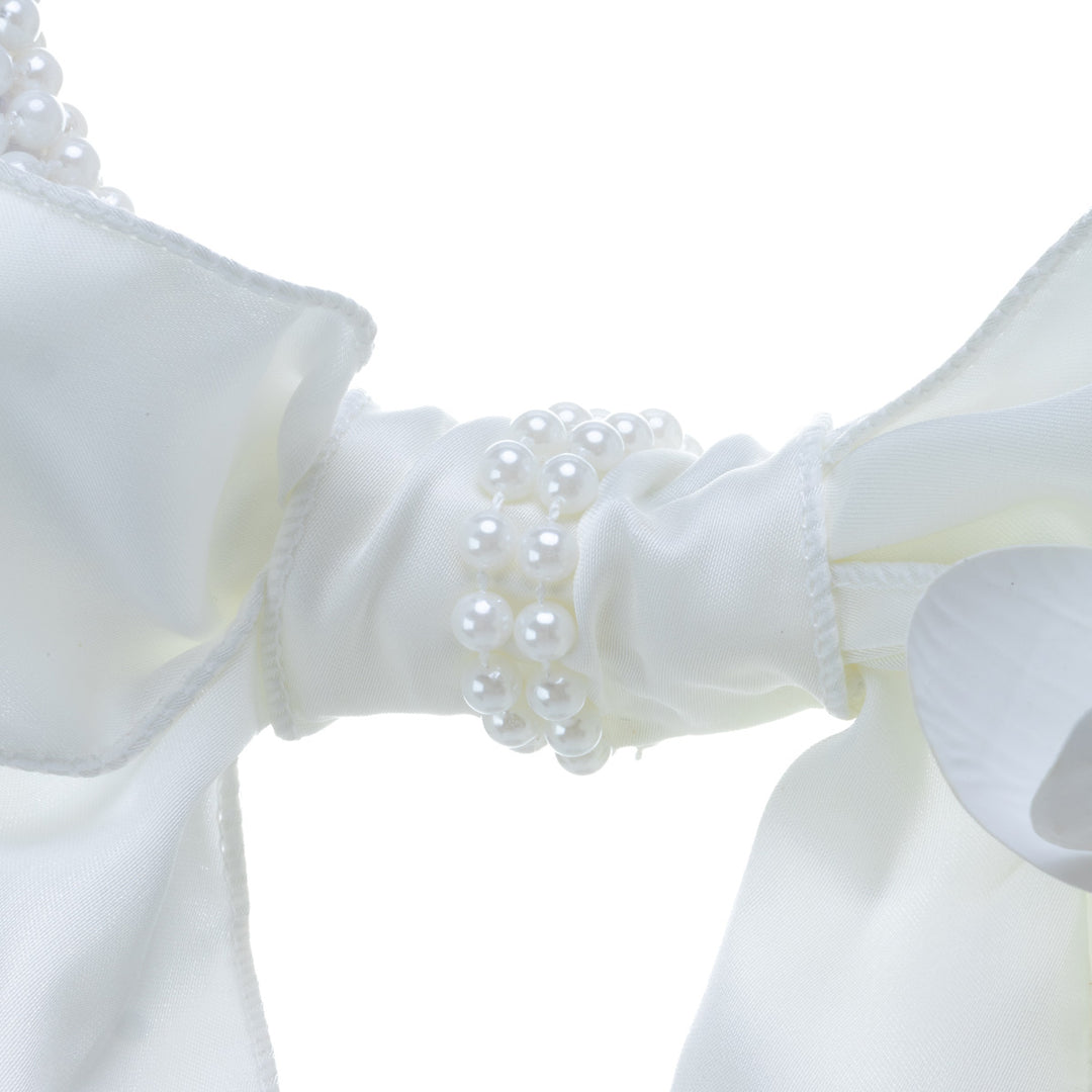 A pearl-colored bridal bouquet with orchids – white artificial flowers