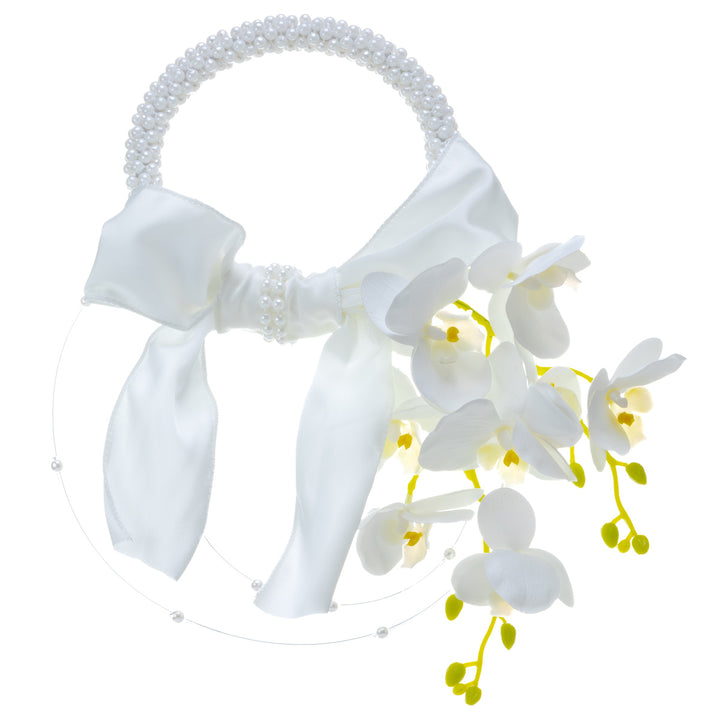 A pearl-colored bridal bouquet with orchids – white artificial flowers