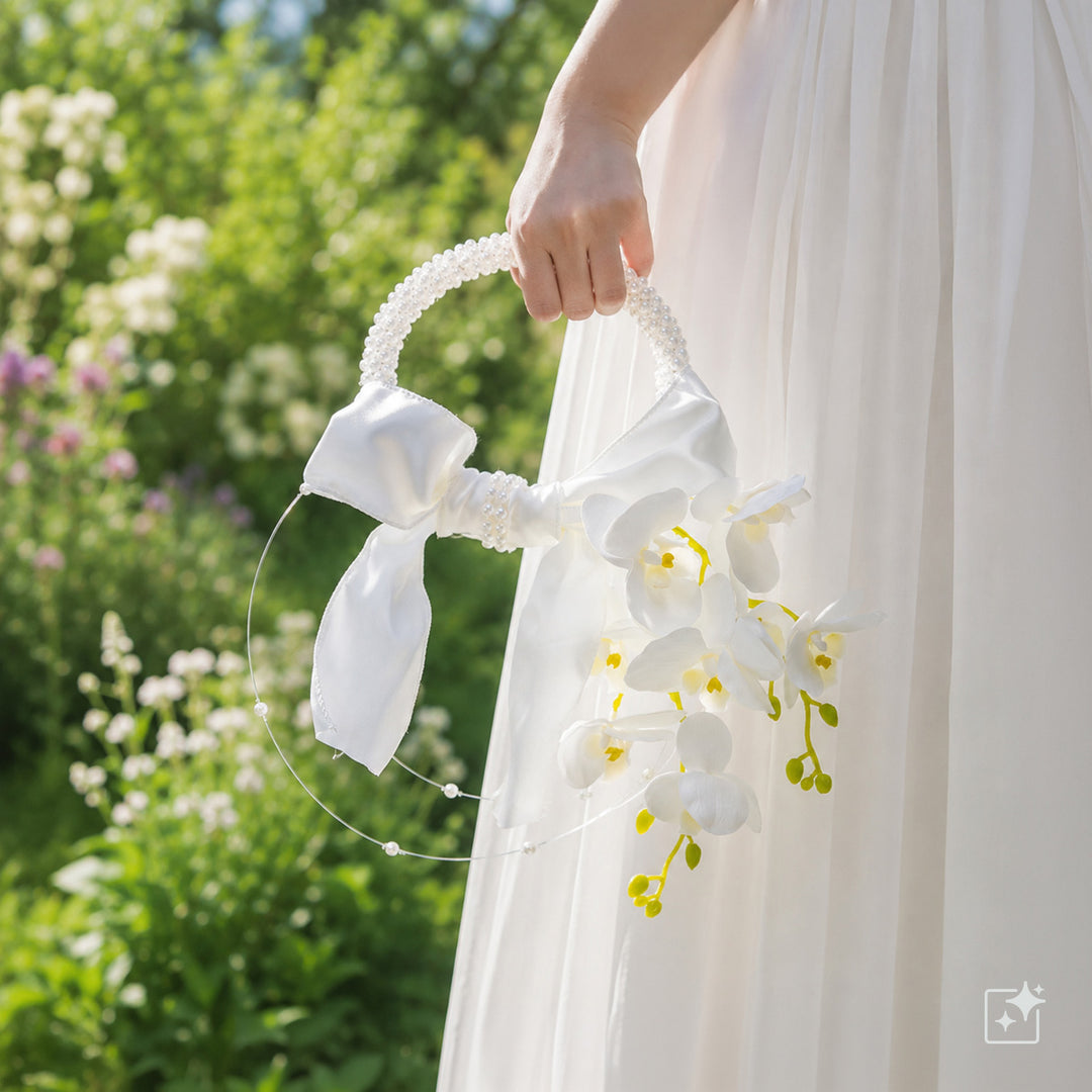 A pearl-colored bridal bouquet with orchids – white artificial flowers