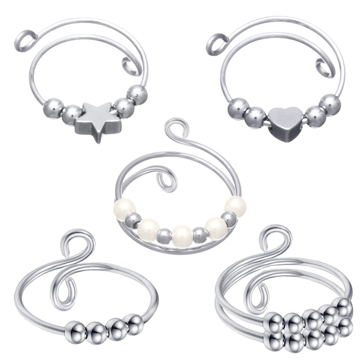Rotating pearl anti-stress ring, silver (316L steel), set of 5