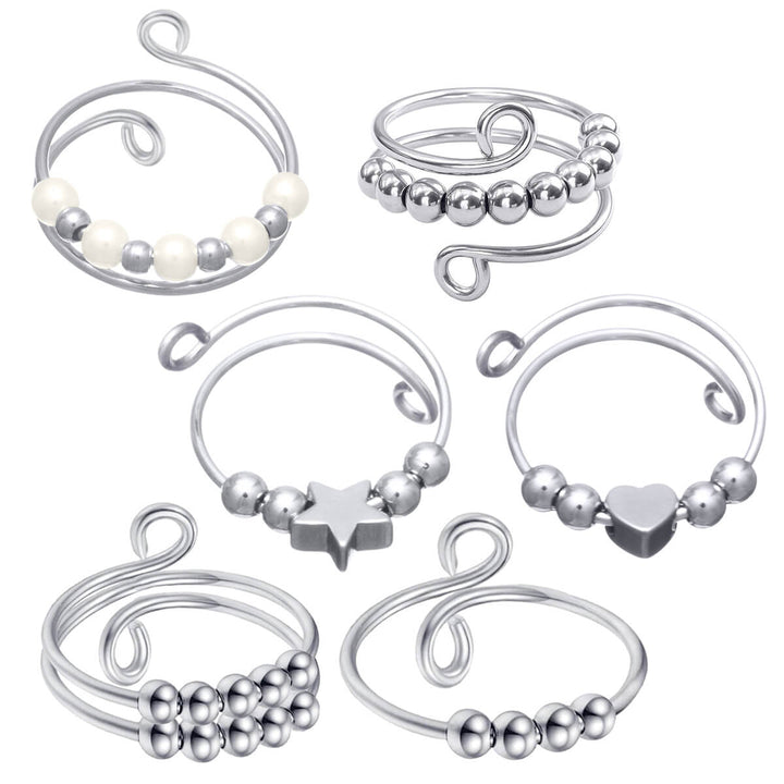Rotating beads anti-stress ring 6 pcs silver set (Steel 316L)