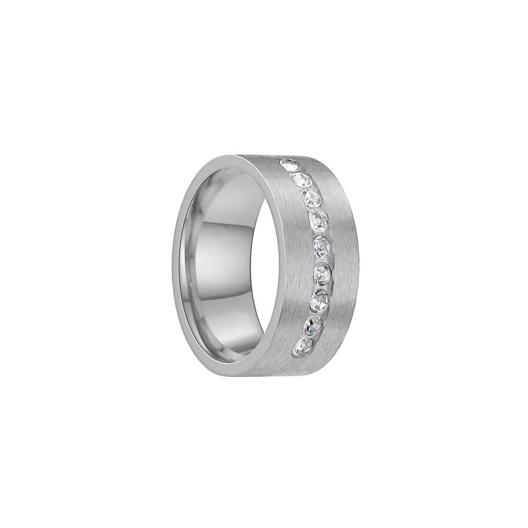 Wide brushed steel ring with rhinestones (Steel 316L)