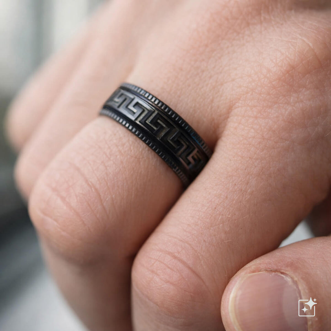 Black wide Greek key pattern stress ring 8mm Spinner (Steel 316L)