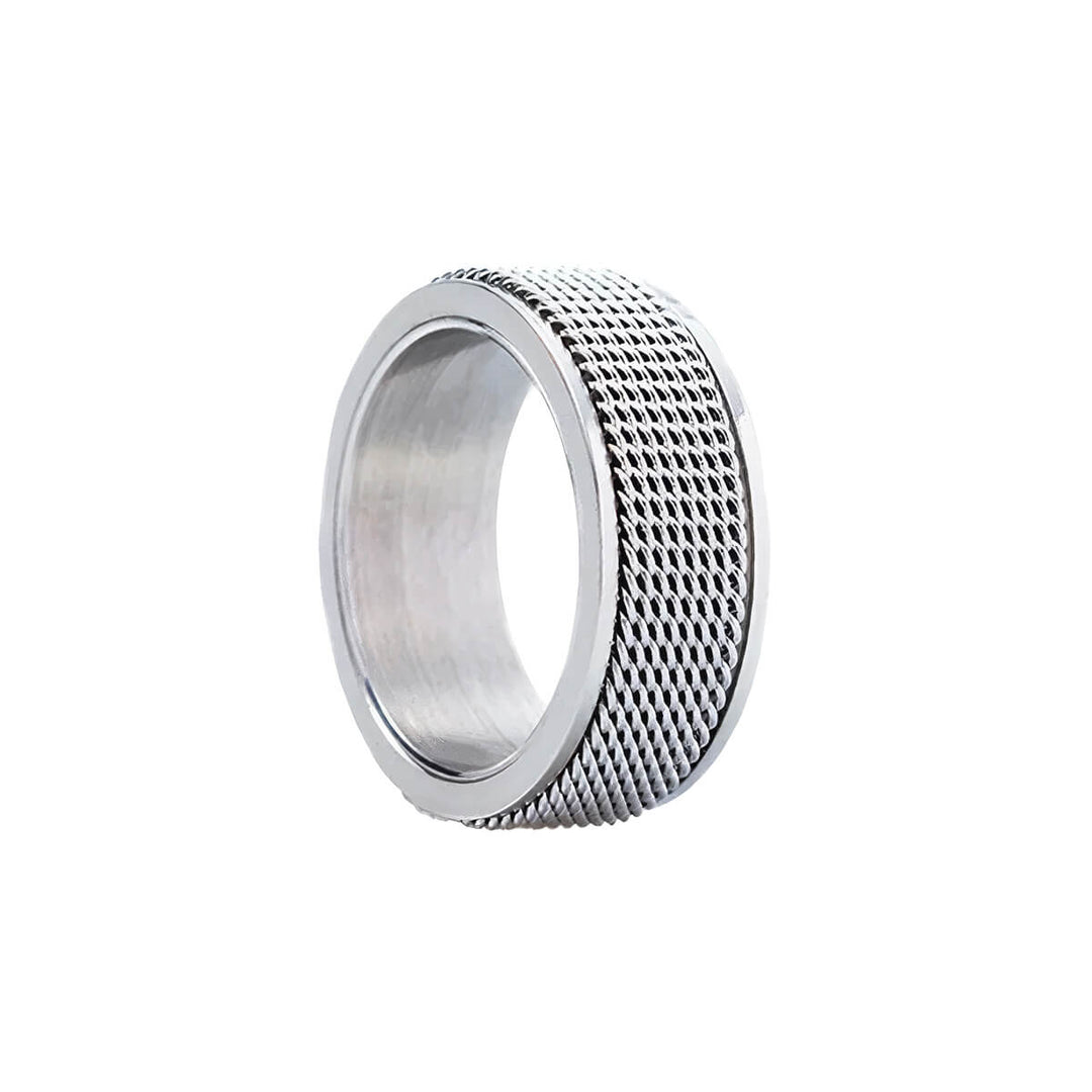 Silver-colored anti-stress ring with a cross-hatch finish (316L stainless steel)