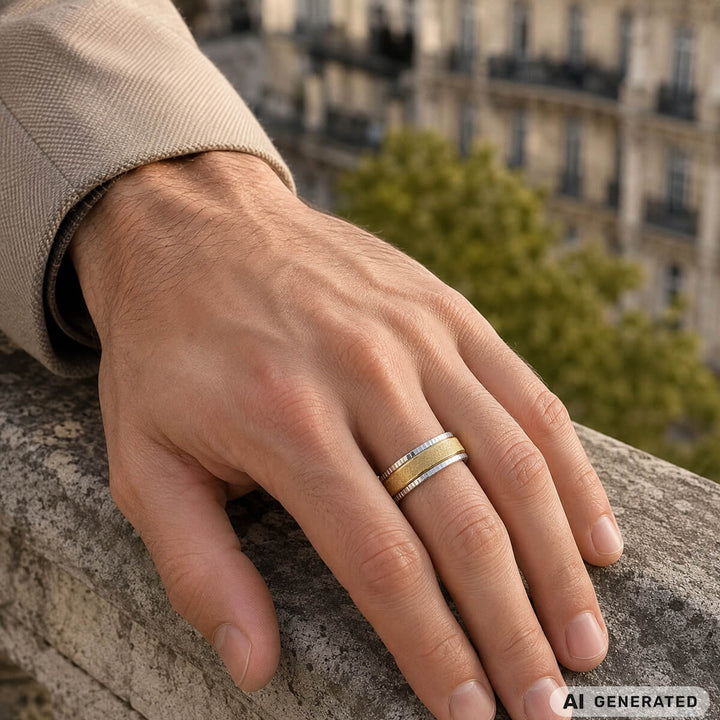 Shimmering gold anti-stress ring with decorative edges (316L steel)