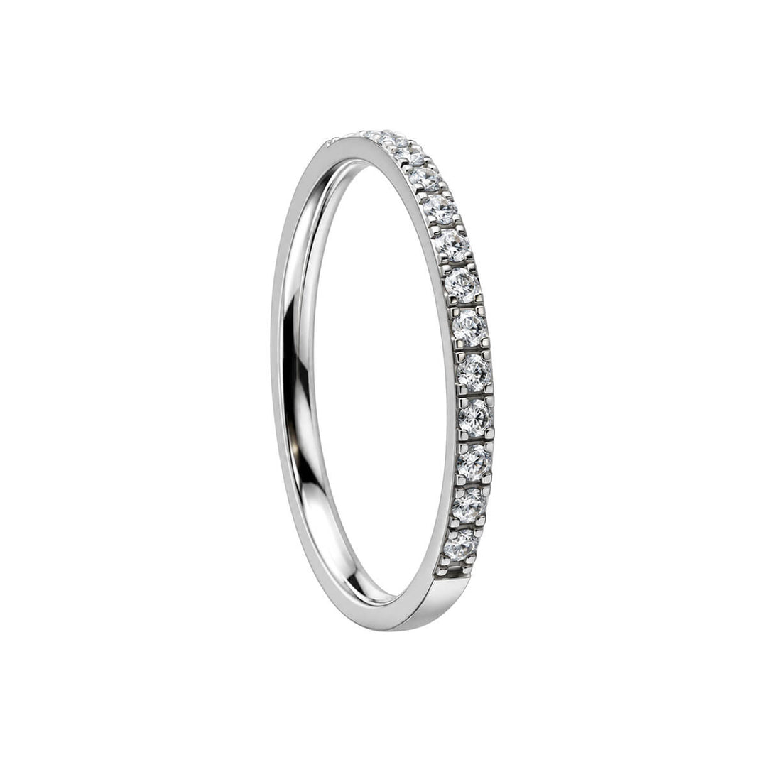A silver-colored steel ring, 1.7 mm wide, set with clear cubic zirconia stones at an angle from the front