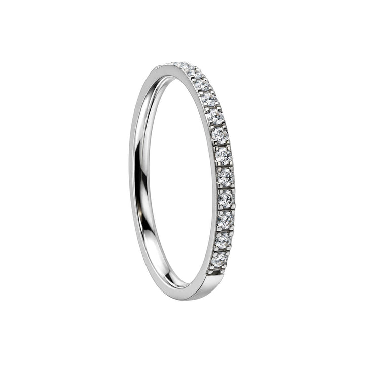 A silver-colored steel ring, 1.7 mm wide, set with clear cubic zirconia stones at an angle from the front