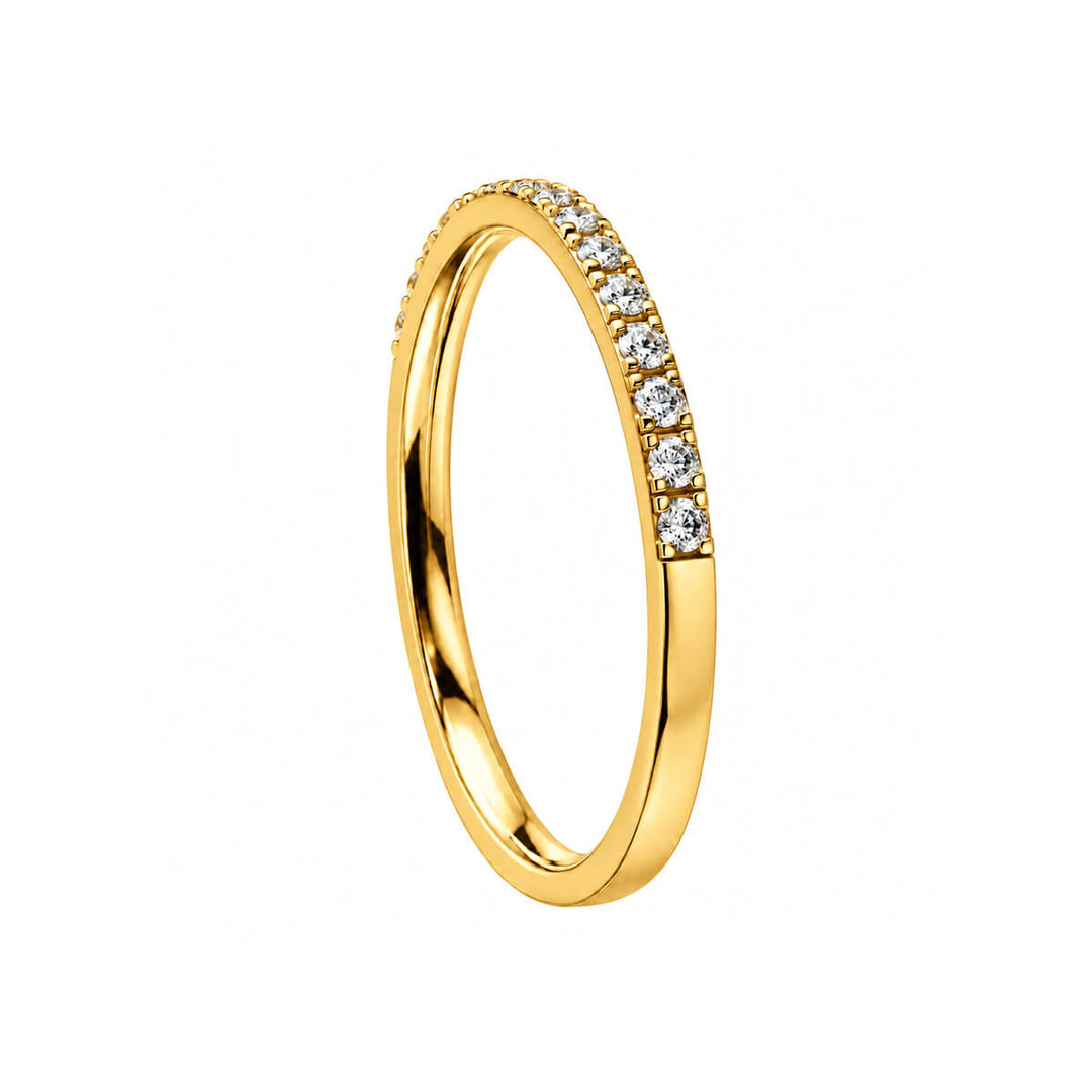 A gold-plated steel ring featuring a row of half-cut cubic zirconia stones and a smooth half-section