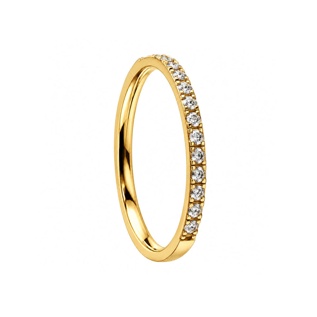 A gold-plated 1.7 mm wide steel ring set with clear cubic zirconia stones, set at an angle from the front
