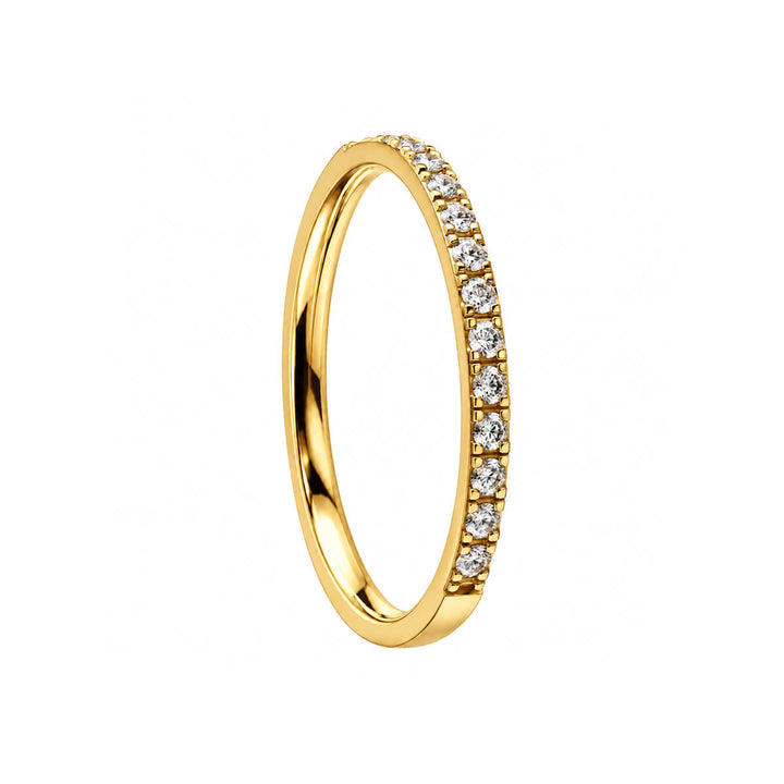 A gold-plated 1.7 mm wide steel ring set with clear cubic zirconia stones, set at an angle from the front