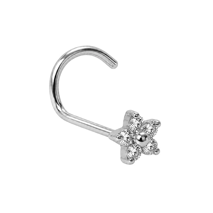 Delicate Zirconia Flower Nose Ring, Spiral, 0.8 mm (Titanium G23)